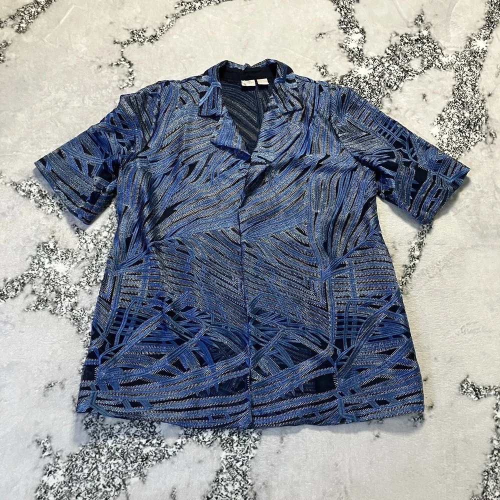 Chicos Travelers Jacket Womens Sz XL Whimsy Mesh Strip in blue with embroidered
